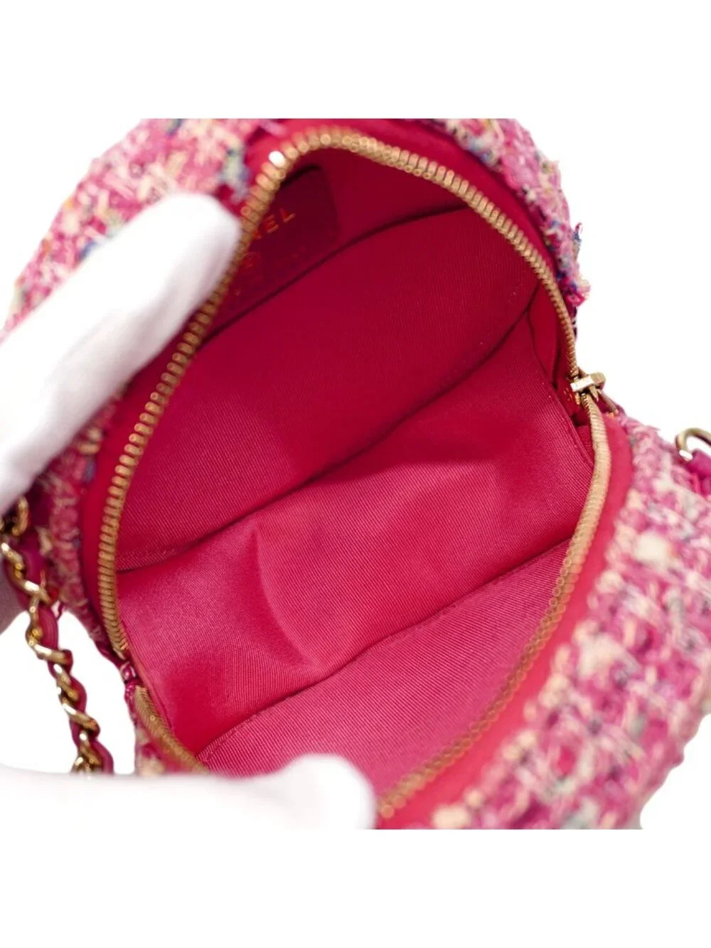 Chanel Shoulder Bag Quilted Tweed Pink Champagne Gold